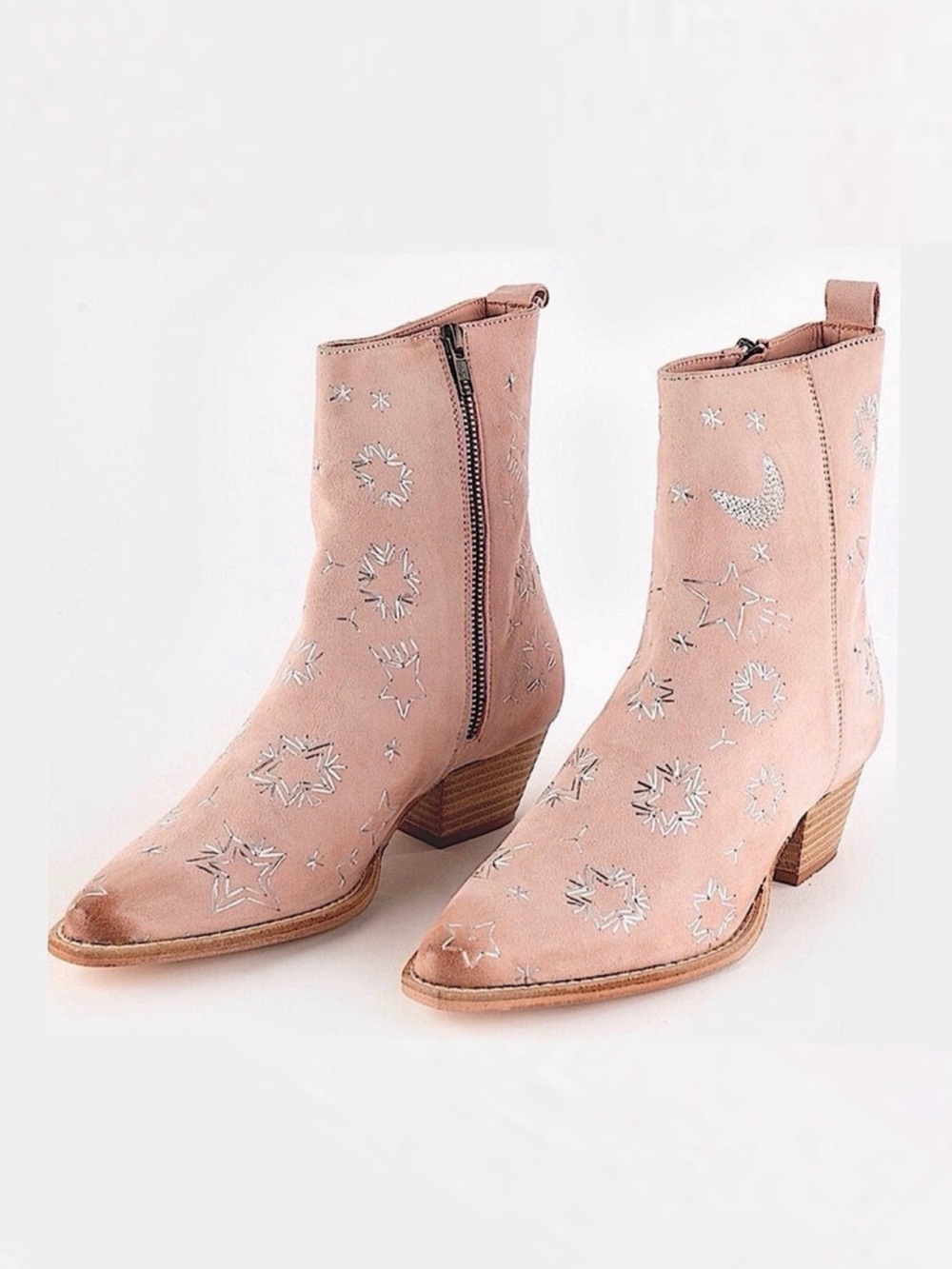 Free People Bowers Pink Suede Embroidered Ankle Boots